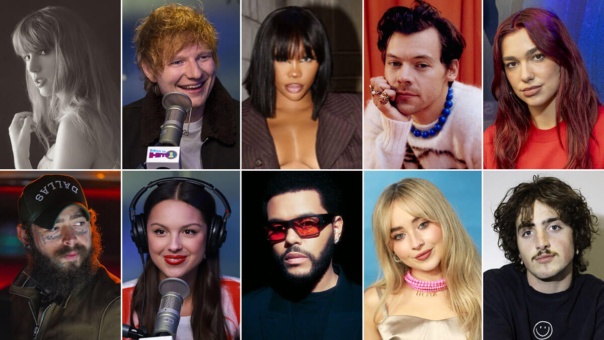 Images of Taylor Swift, Ed Sheeran, SZA, Harry Styles, Dua Lipa, Benson Boone, Sabrina Carpenter, The Weeknd, Olivia Rodrigo, and Post Malone.