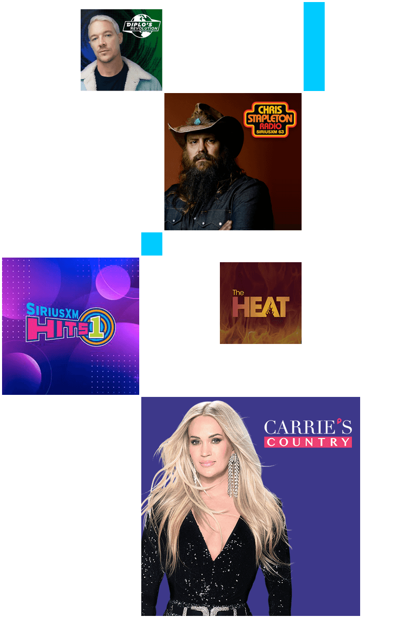 Collage of SiriusXM featured artists including Diplo, Chris Stapleton, Ed Sheeran, Ice Spice, and Carrie Underwood against colourful backgrounds.